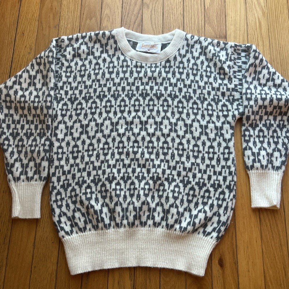 Vintage 90s SMALL‎ Jantzen Beige Grey Eclectic Grandpa Stripe  Sweater USA EUC